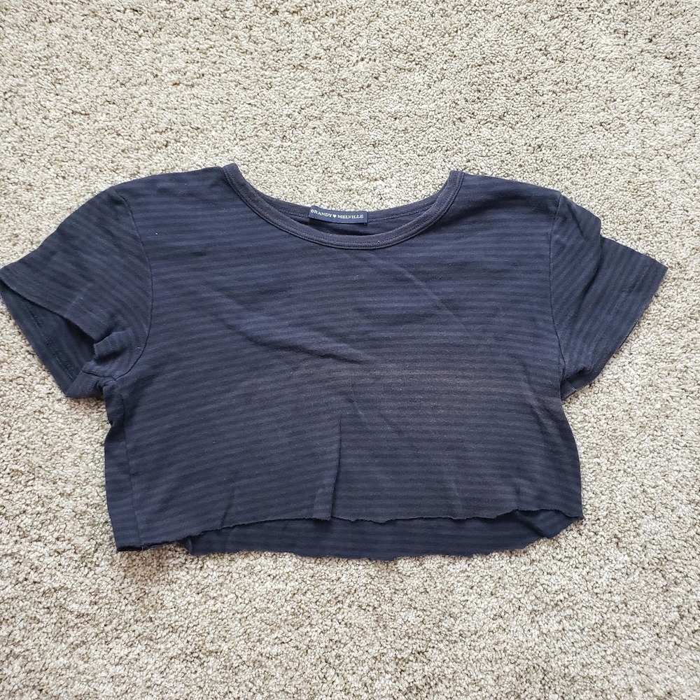 Brandy Melville Shirt Womens SO Blue Cropped Short Sleeve Crew Neck Striped
